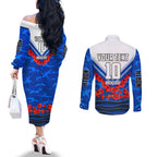 Personalised North Melbourne Kangaroos ANZAC Couples Matching Off The Shoulder Long Sleeve Dress and Long Sleeve Button Shirt Military Remembrance Australian Football Mascot Camouflage