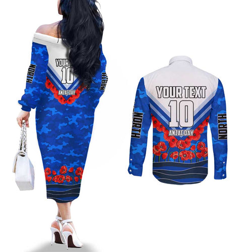 Personalised North Melbourne Kangaroos ANZAC Couples Matching Off The Shoulder Long Sleeve Dress and Long Sleeve Button Shirt Military Remembrance Australian Football Mascot Camouflage