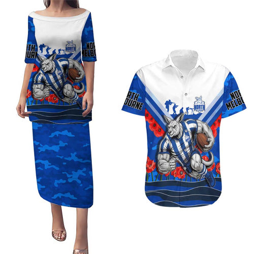 Personalised North Melbourne Kangaroos ANZAC Couples Matching Puletasi and Hawaiian Shirt Military Remembrance Australian Football Mascot Camouflage