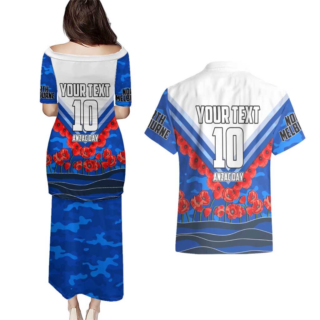 Personalised North Melbourne Kangaroos ANZAC Couples Matching Puletasi and Hawaiian Shirt Military Remembrance Australian Football Mascot Camouflage