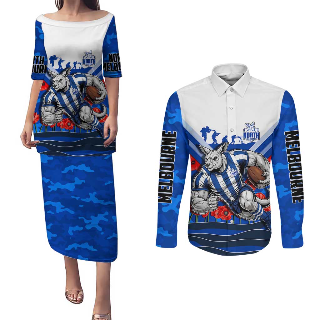 Personalised North Melbourne Kangaroos ANZAC Couples Matching Puletasi and Long Sleeve Button Shirt Military Remembrance Australian Football Mascot Camouflage