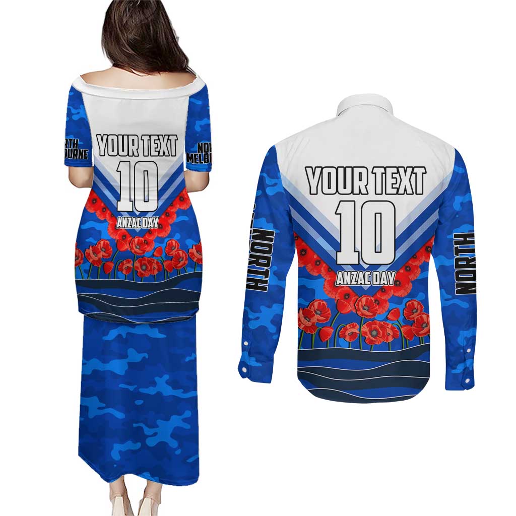 Personalised North Melbourne Kangaroos ANZAC Couples Matching Puletasi and Long Sleeve Button Shirt Military Remembrance Australian Football Mascot Camouflage