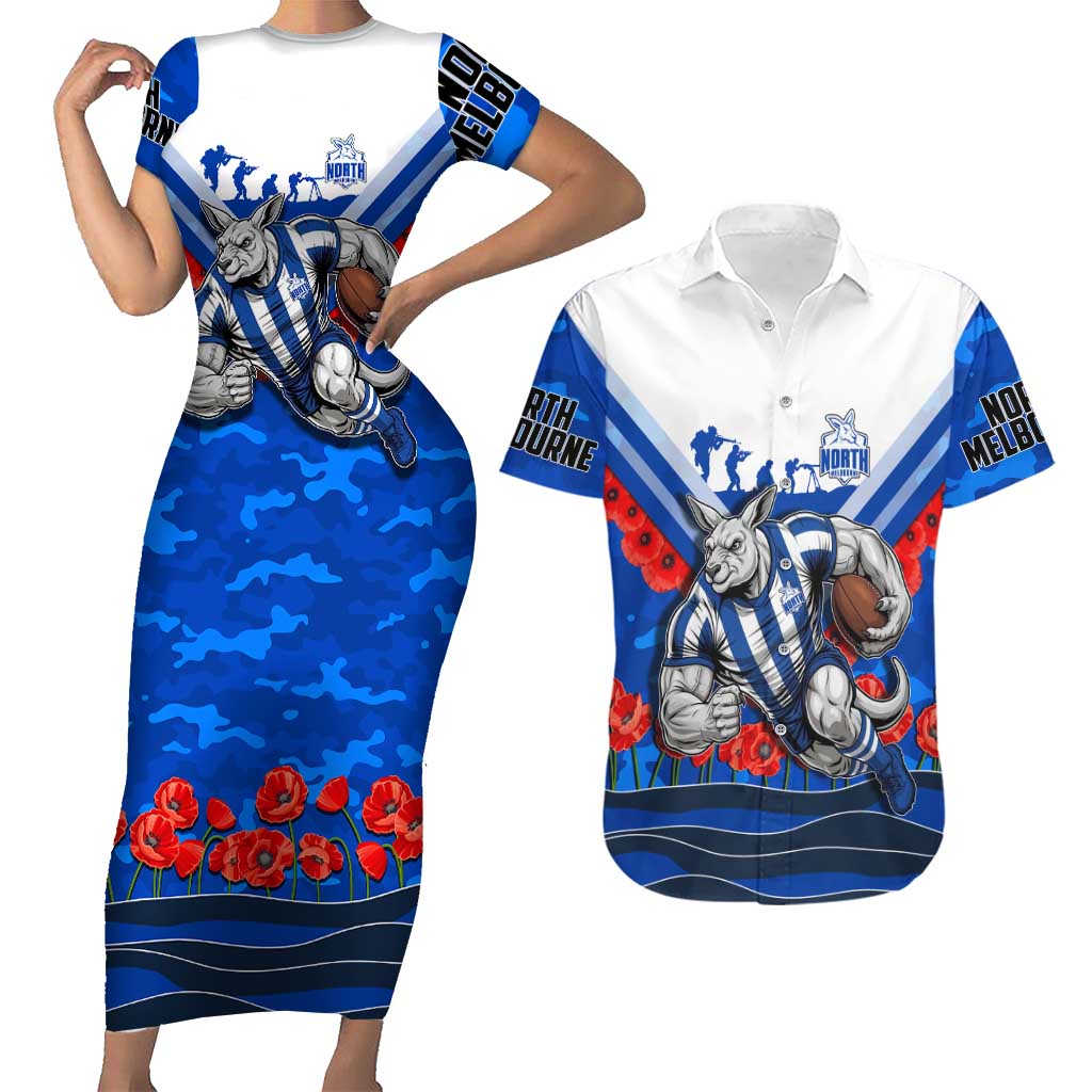 Personalised North Melbourne Kangaroos ANZAC Couples Matching Short Sleeve Bodycon Dress and Hawaiian Shirt Military Remembrance Australian Football Mascot Camouflage