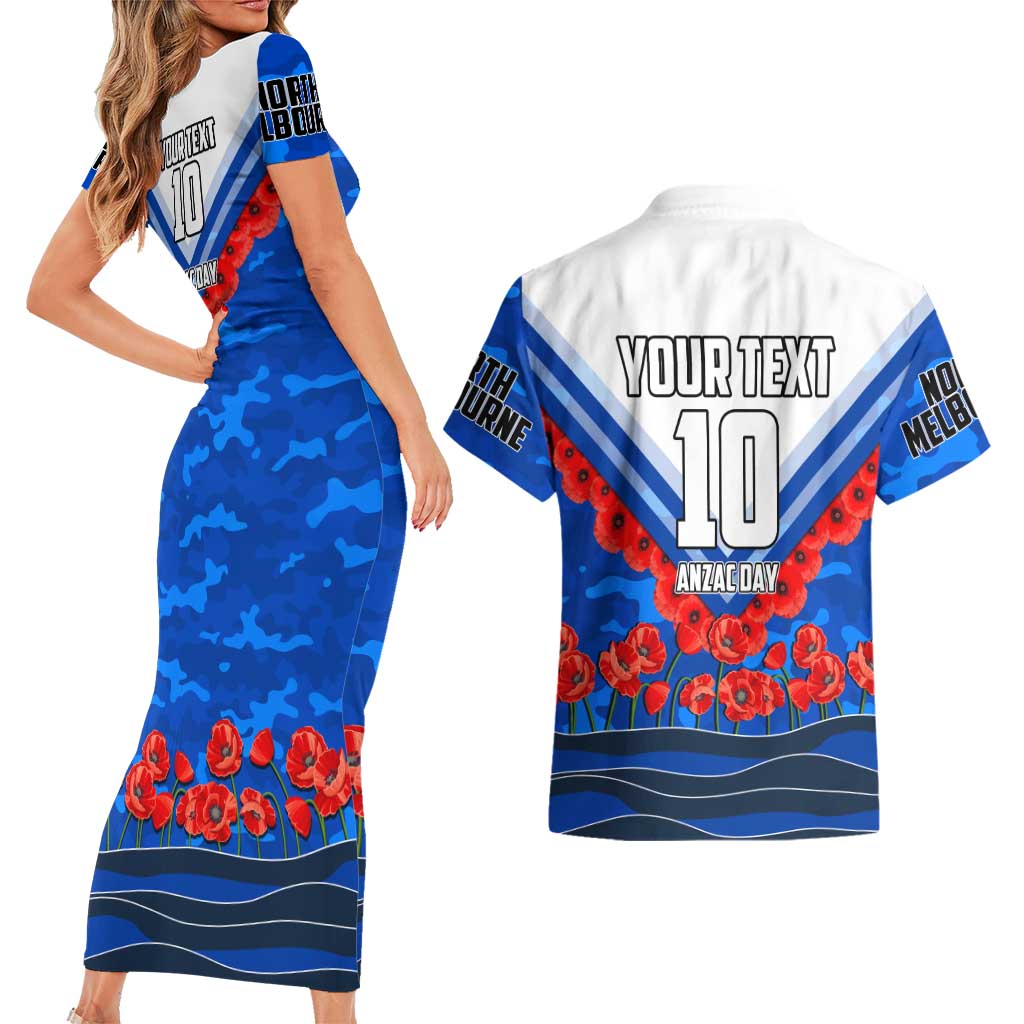 Personalised North Melbourne Kangaroos ANZAC Couples Matching Short Sleeve Bodycon Dress and Hawaiian Shirt Military Remembrance Australian Football Mascot Camouflage
