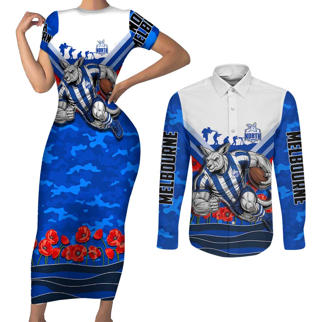 Personalised North Melbourne Kangaroos ANZAC Couples Matching Short Sleeve Bodycon Dress and Long Sleeve Button Shirt Military Remembrance Australian Football Mascot Camouflage