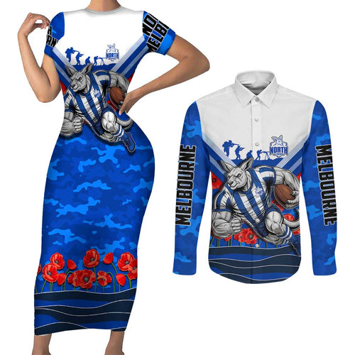 Personalised North Melbourne Kangaroos ANZAC Couples Matching Short Sleeve Bodycon Dress and Long Sleeve Button Shirt Military Remembrance Australian Football Mascot Camouflage