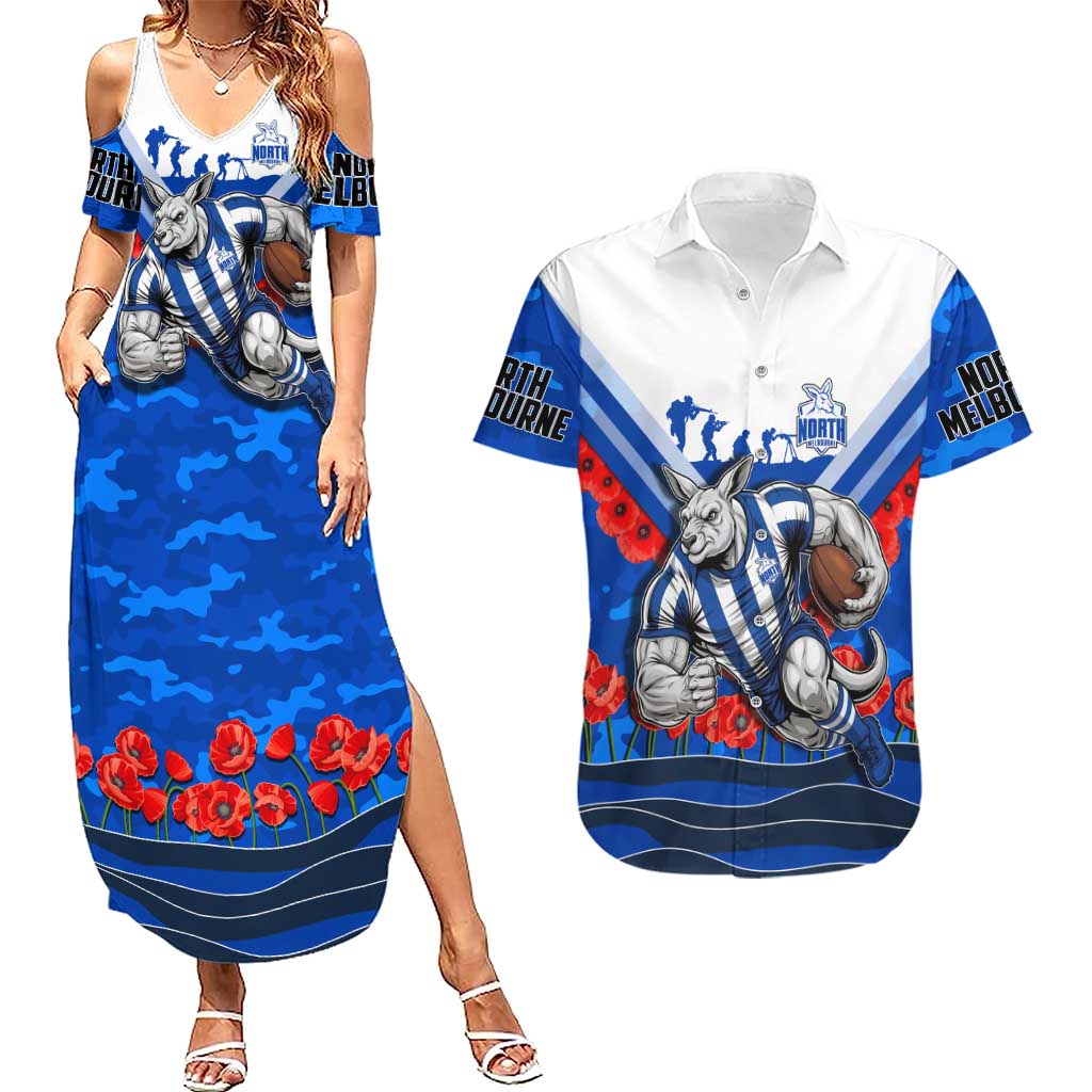 Personalised North Melbourne Kangaroos ANZAC Couples Matching Summer Maxi Dress and Hawaiian Shirt Military Remembrance Australian Football Mascot Camouflage