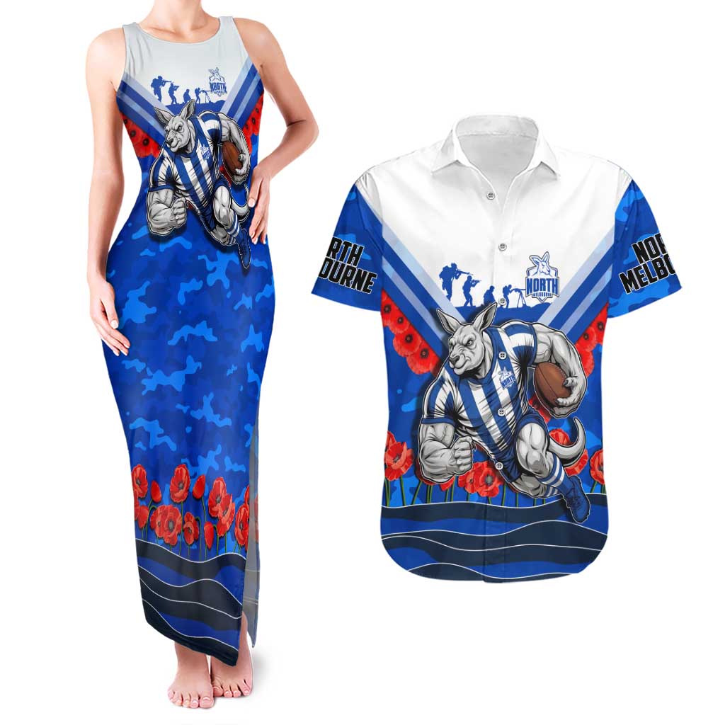 Personalised North Melbourne Kangaroos ANZAC Couples Matching Tank Maxi Dress and Hawaiian Shirt Military Remembrance Australian Football Mascot Camouflage