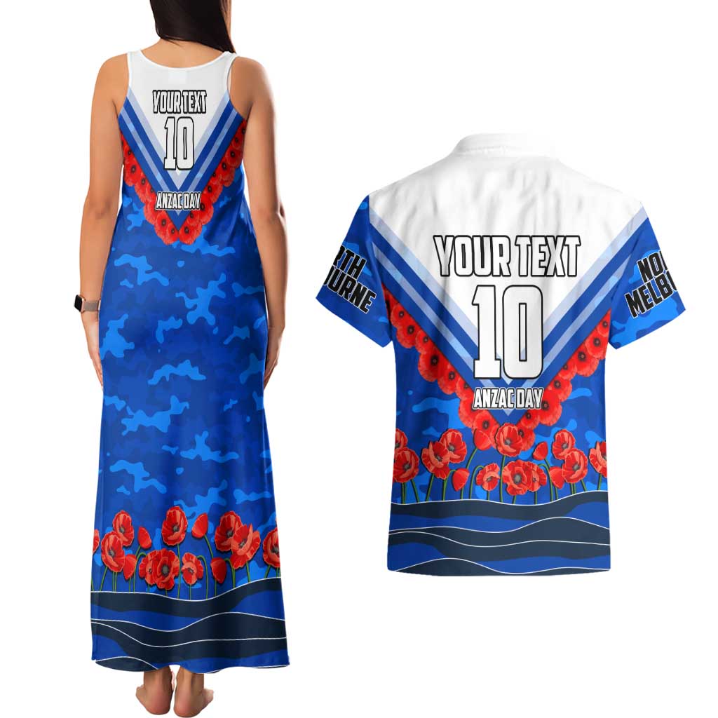 Personalised North Melbourne Kangaroos ANZAC Couples Matching Tank Maxi Dress and Hawaiian Shirt Military Remembrance Australian Football Mascot Camouflage