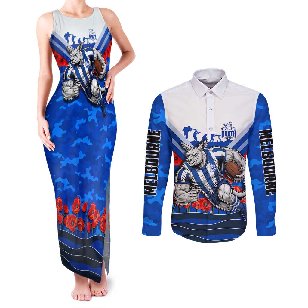 Personalised North Melbourne Kangaroos ANZAC Couples Matching Tank Maxi Dress and Long Sleeve Button Shirt Military Remembrance Australian Football Mascot Camouflage