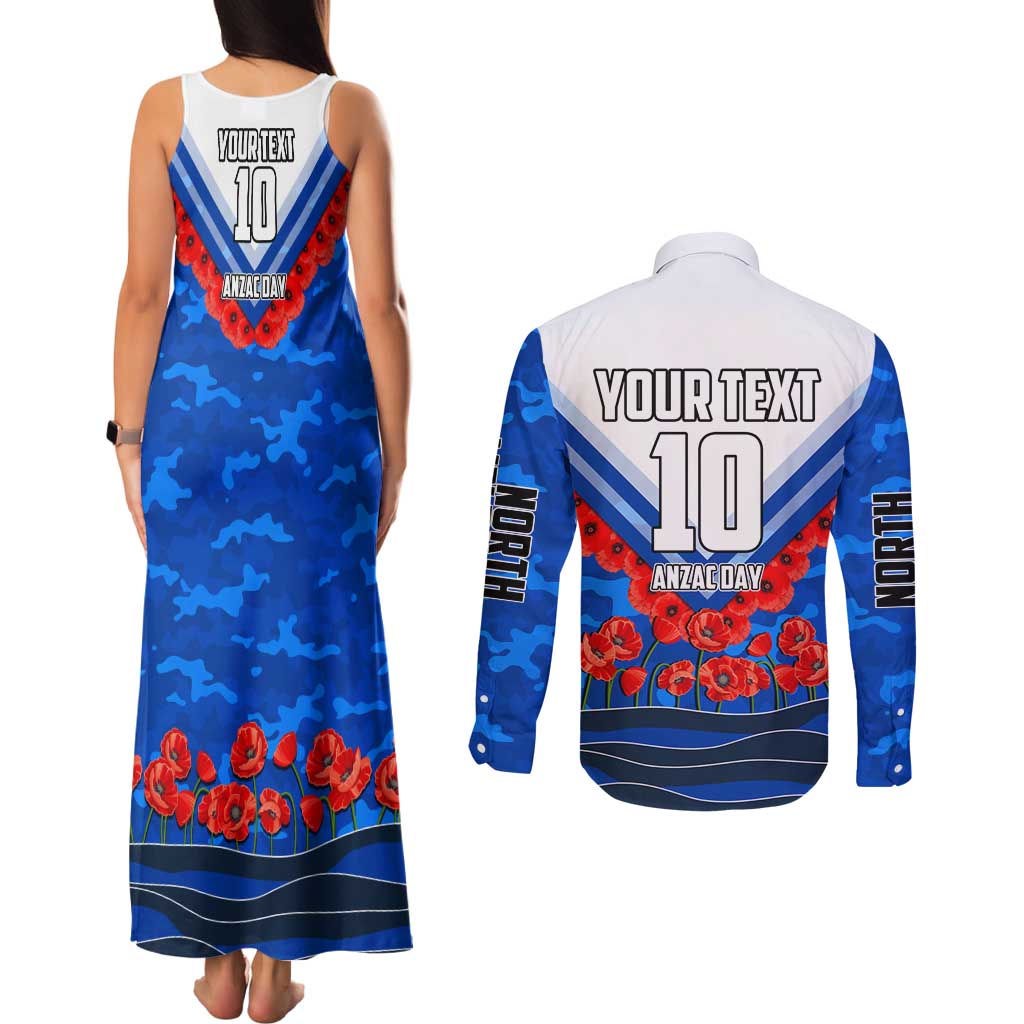 Personalised North Melbourne Kangaroos ANZAC Couples Matching Tank Maxi Dress and Long Sleeve Button Shirt Military Remembrance Australian Football Mascot Camouflage