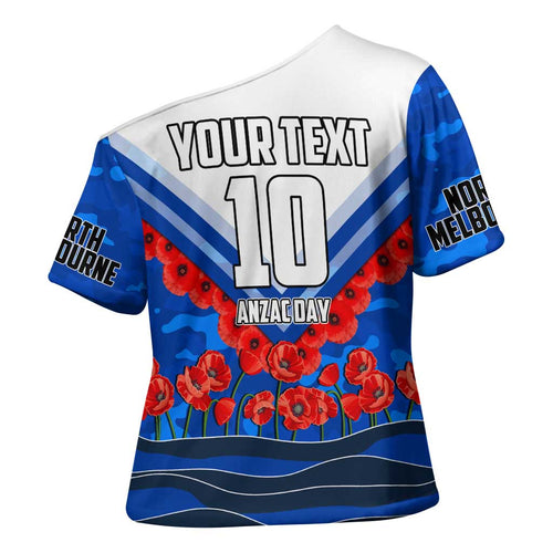 Personalised North Melbourne Kangaroos ANZAC Cross Shoulder Shirt Military Remembrance Australian Football Mascot Camouflage