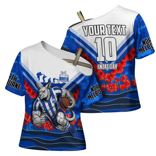Personalised North Melbourne Kangaroos ANZAC Cross Shoulder Shirt Military Remembrance Australian Football Mascot Camouflage