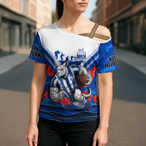 Personalised North Melbourne Kangaroos ANZAC Cross Shoulder Shirt Military Remembrance Australian Football Mascot Camouflage