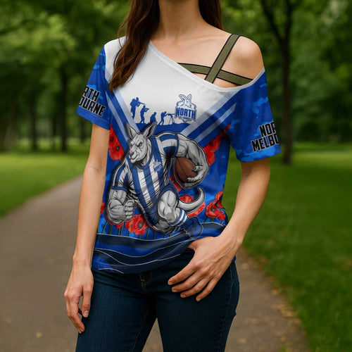 Personalised North Melbourne Kangaroos ANZAC Cross Shoulder Shirt Military Remembrance Australian Football Mascot Camouflage