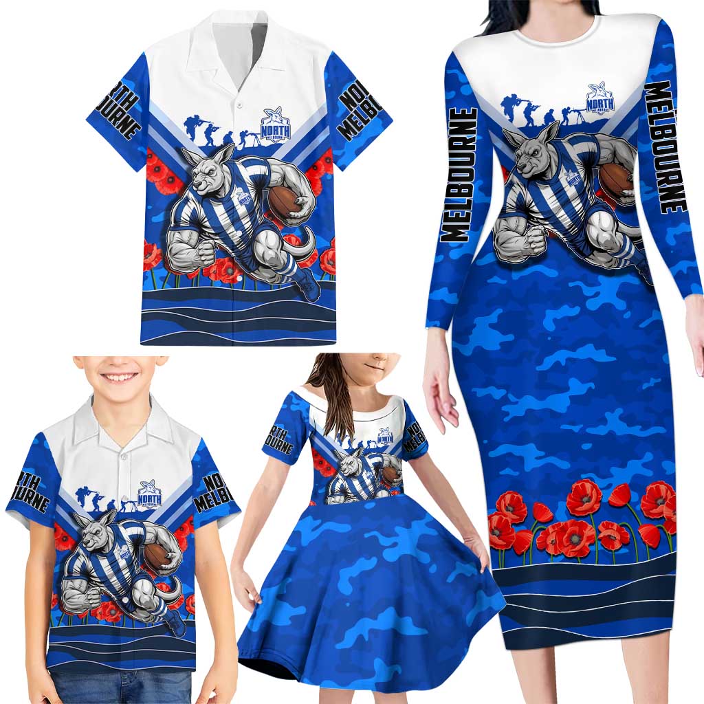 Personalised North Melbourne Kangaroos ANZAC Family Matching Long Sleeve Bodycon Dress and Hawaiian Shirt Military Remembrance Australian Football Mascot Camouflage