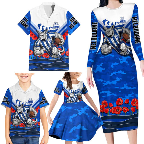 Personalised North Melbourne Kangaroos ANZAC Family Matching Long Sleeve Bodycon Dress and Hawaiian Shirt Military Remembrance Australian Football Mascot Camouflage