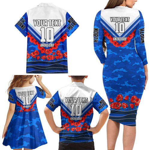 Personalised North Melbourne Kangaroos ANZAC Family Matching Long Sleeve Bodycon Dress and Hawaiian Shirt Military Remembrance Australian Football Mascot Camouflage