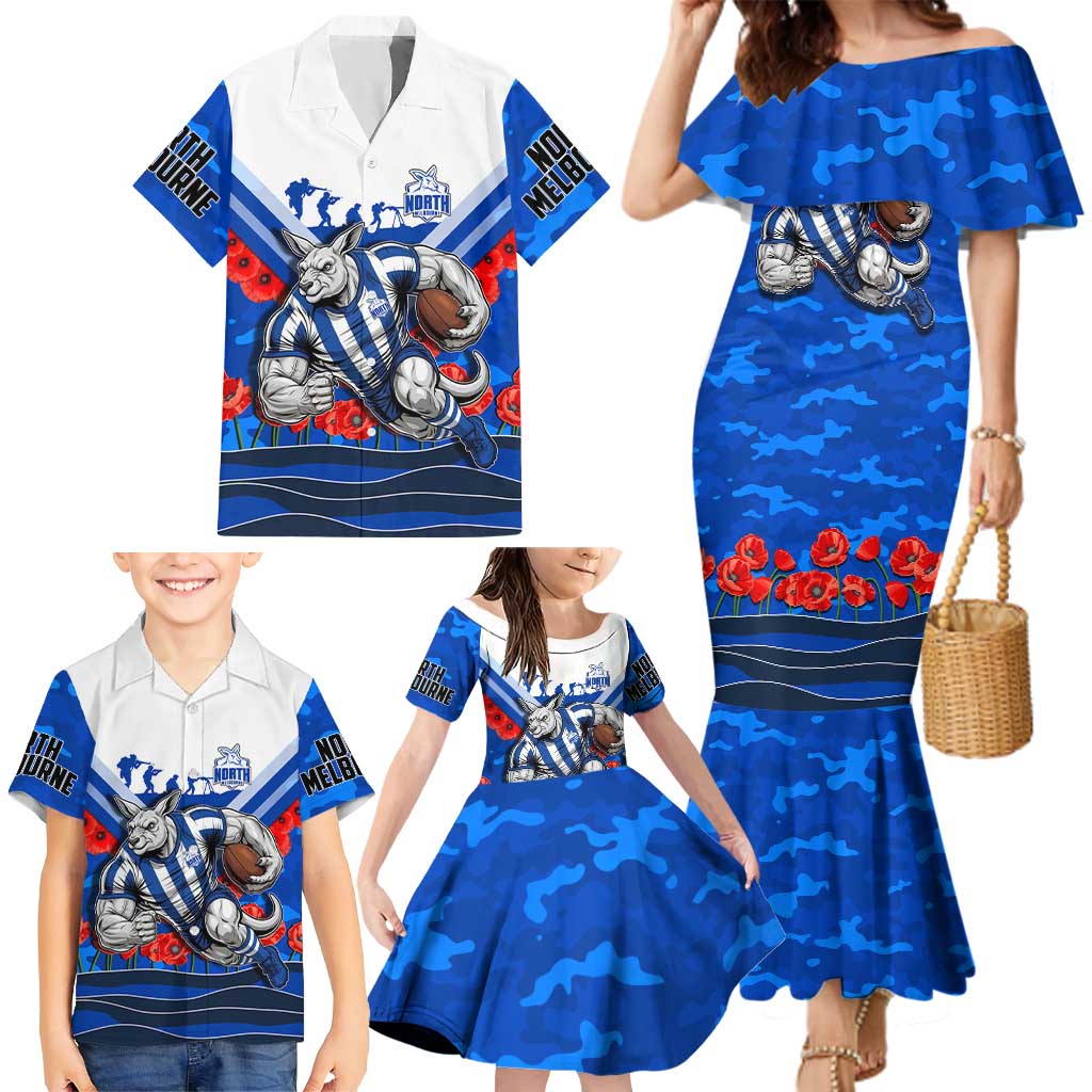Personalised North Melbourne Kangaroos ANZAC Family Matching Mermaid Dress and Hawaiian Shirt Military Remembrance Australian Football Mascot Camouflage