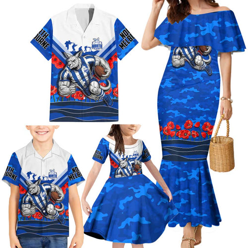 Personalised North Melbourne Kangaroos ANZAC Family Matching Mermaid Dress and Hawaiian Shirt Military Remembrance Australian Football Mascot Camouflage