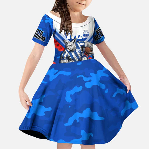 Personalised North Melbourne Kangaroos ANZAC Family Matching Mermaid Dress and Hawaiian Shirt Military Remembrance Australian Football Mascot Camouflage