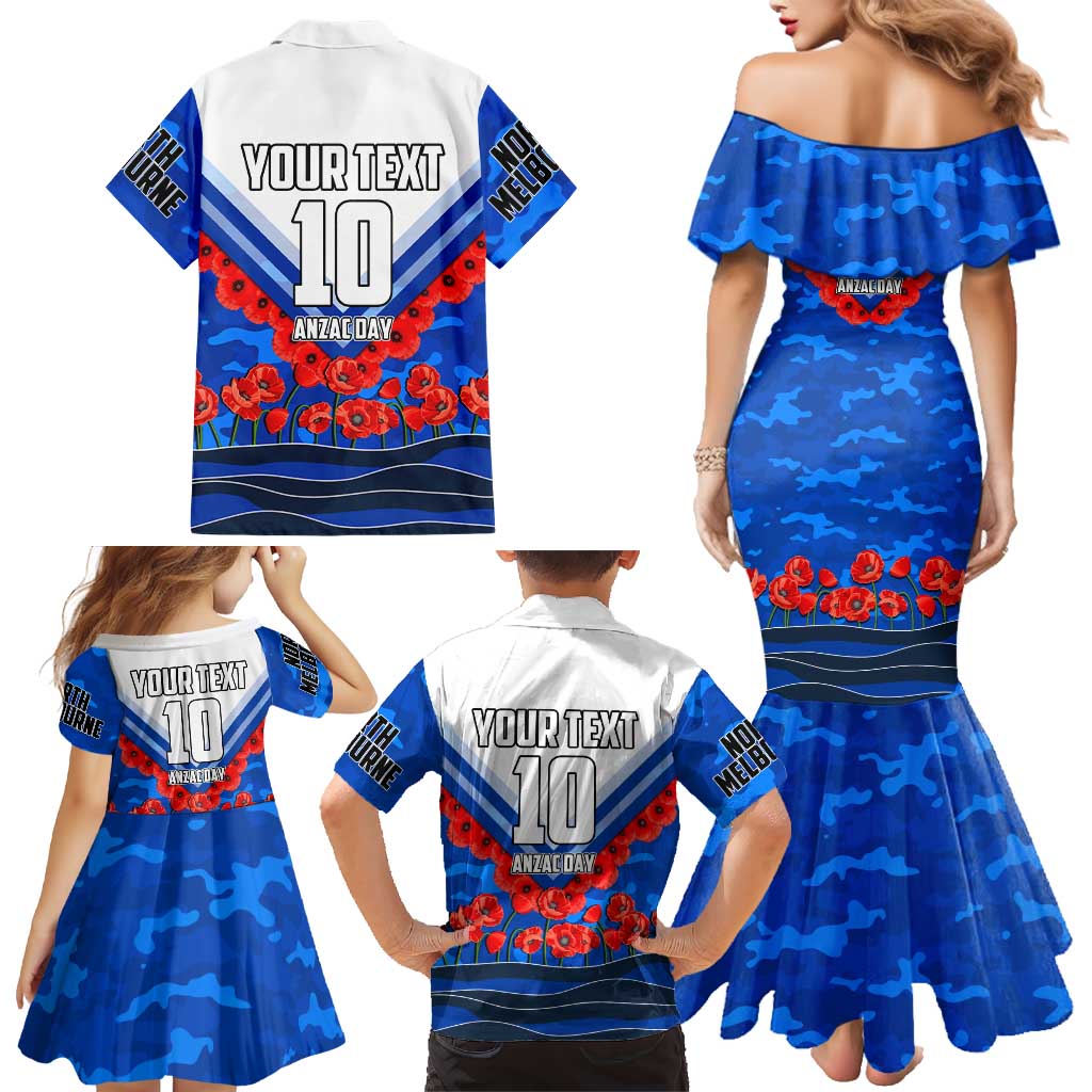 Personalised North Melbourne Kangaroos ANZAC Family Matching Mermaid Dress and Hawaiian Shirt Military Remembrance Australian Football Mascot Camouflage