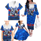 Personalised North Melbourne Kangaroos ANZAC Family Matching Off The Shoulder Long Sleeve Dress and Hawaiian Shirt Military Remembrance Australian Football Mascot Camouflage