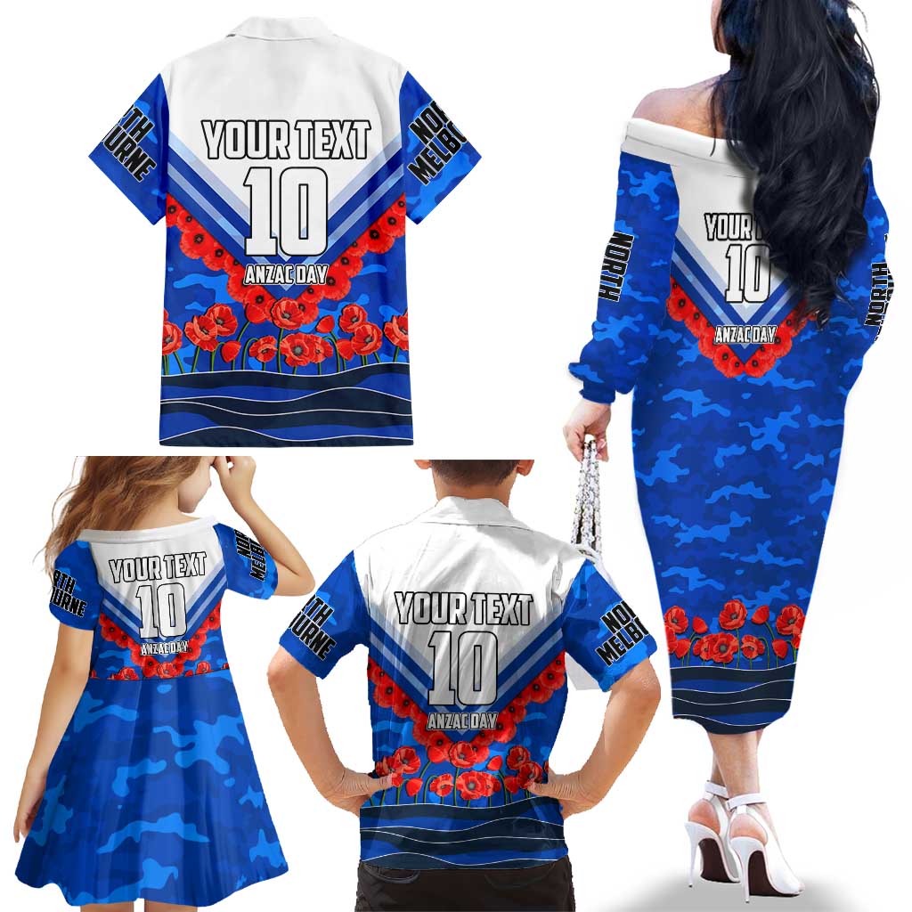 Personalised North Melbourne Kangaroos ANZAC Family Matching Off The Shoulder Long Sleeve Dress and Hawaiian Shirt Military Remembrance Australian Football Mascot Camouflage