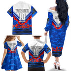 Personalised North Melbourne Kangaroos ANZAC Family Matching Off The Shoulder Long Sleeve Dress and Hawaiian Shirt Military Remembrance Australian Football Mascot Camouflage