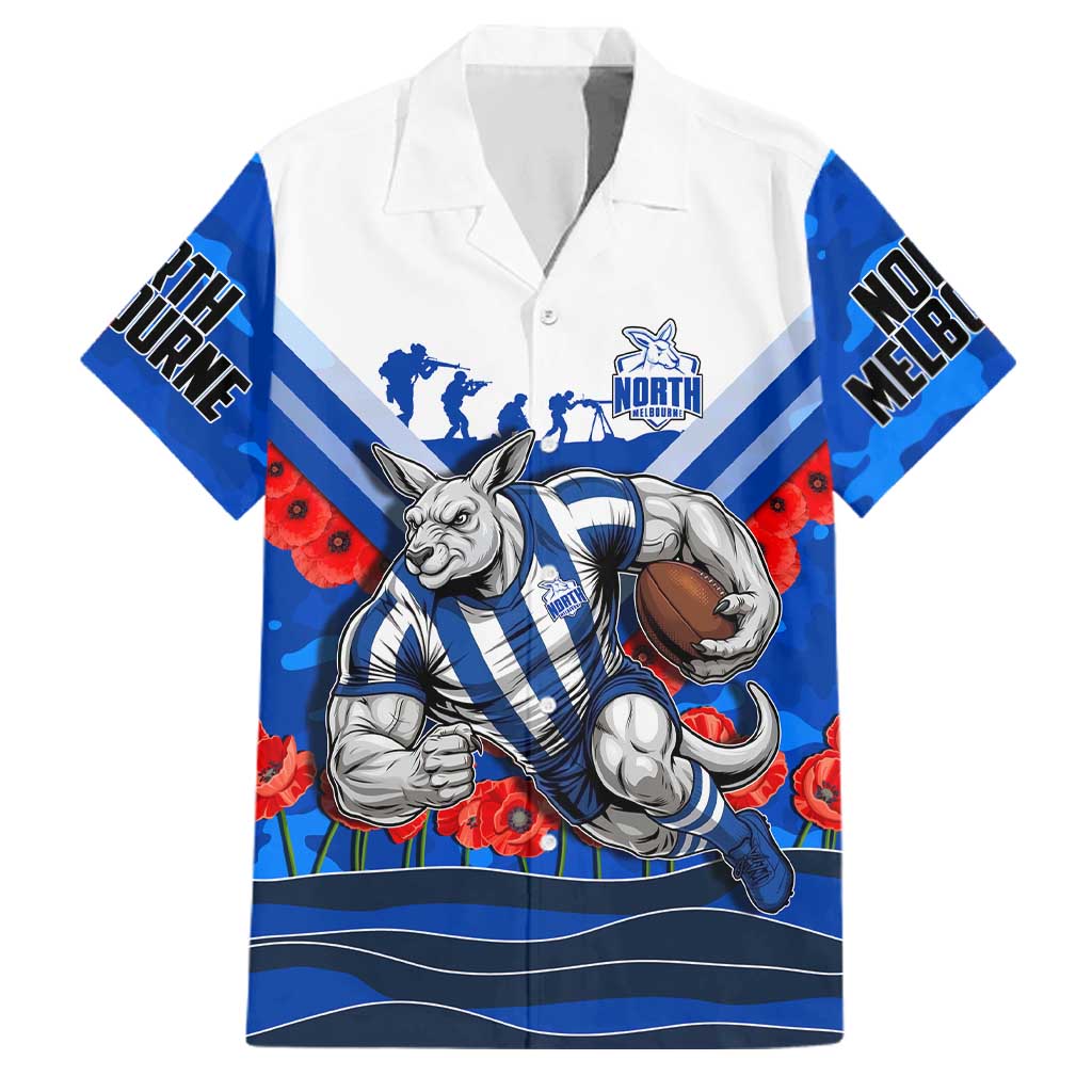 Personalised North Melbourne Kangaroos ANZAC Family Matching Off The Shoulder Long Sleeve Dress and Hawaiian Shirt Military Remembrance Australian Football Mascot Camouflage