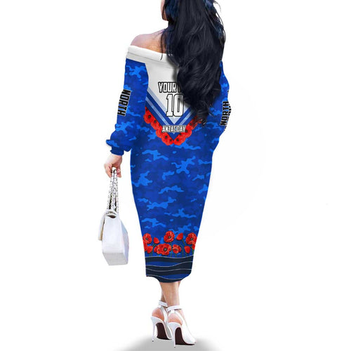 Personalised North Melbourne Kangaroos ANZAC Family Matching Off The Shoulder Long Sleeve Dress and Hawaiian Shirt Military Remembrance Australian Football Mascot Camouflage