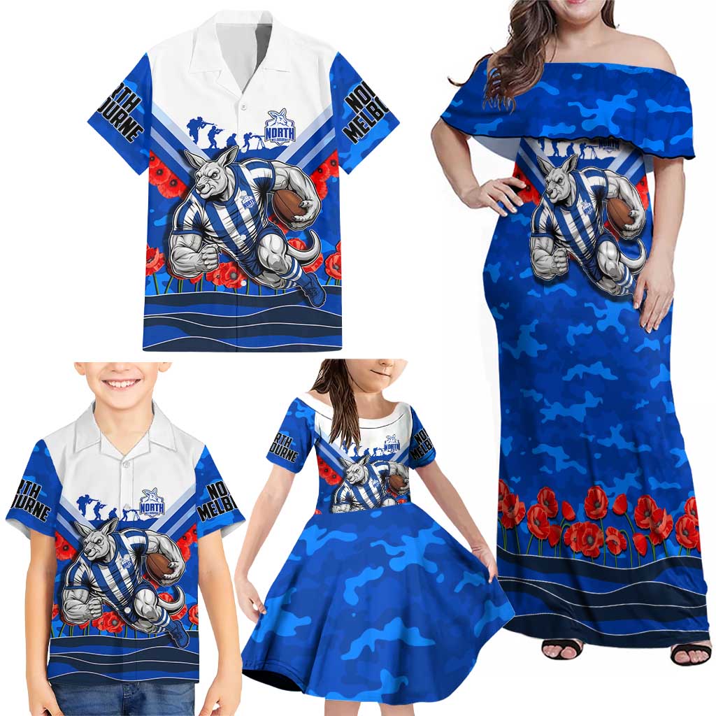 Personalised North Melbourne Kangaroos ANZAC Family Matching Off Shoulder Maxi Dress and Hawaiian Shirt Military Remembrance Australian Football Mascot Camouflage