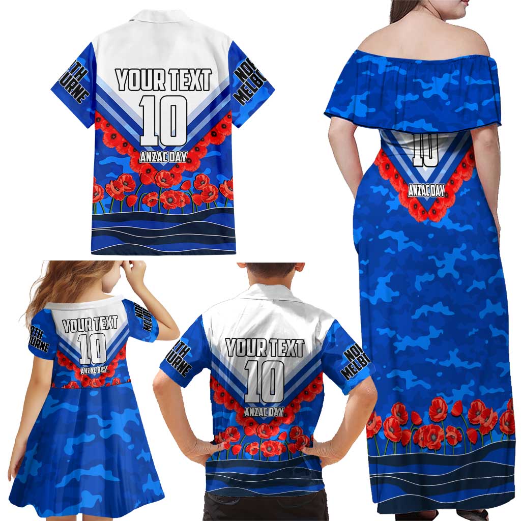 Personalised North Melbourne Kangaroos ANZAC Family Matching Off Shoulder Maxi Dress and Hawaiian Shirt Military Remembrance Australian Football Mascot Camouflage