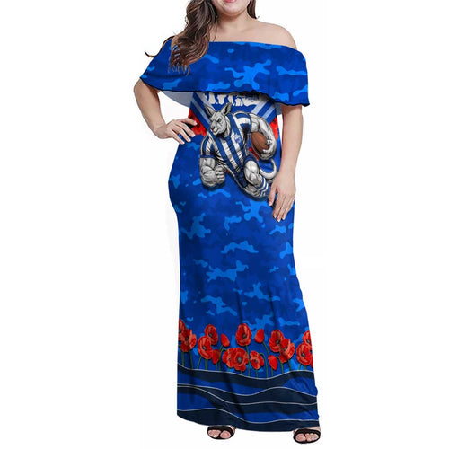 Personalised North Melbourne Kangaroos ANZAC Family Matching Off Shoulder Maxi Dress and Hawaiian Shirt Military Remembrance Australian Football Mascot Camouflage