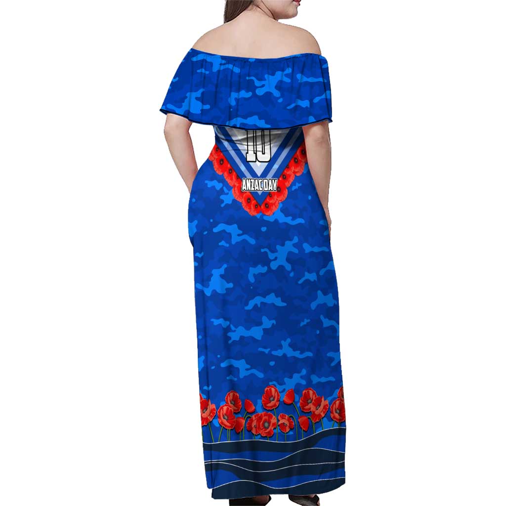 Personalised North Melbourne Kangaroos ANZAC Family Matching Off Shoulder Maxi Dress and Hawaiian Shirt Military Remembrance Australian Football Mascot Camouflage