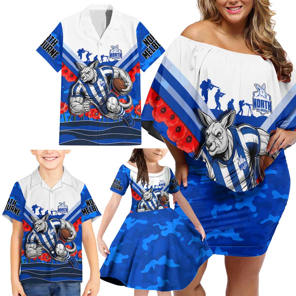 Personalised North Melbourne Kangaroos ANZAC Family Matching Off Shoulder Short Dress and Hawaiian Shirt Military Remembrance Australian Football Mascot Camouflage