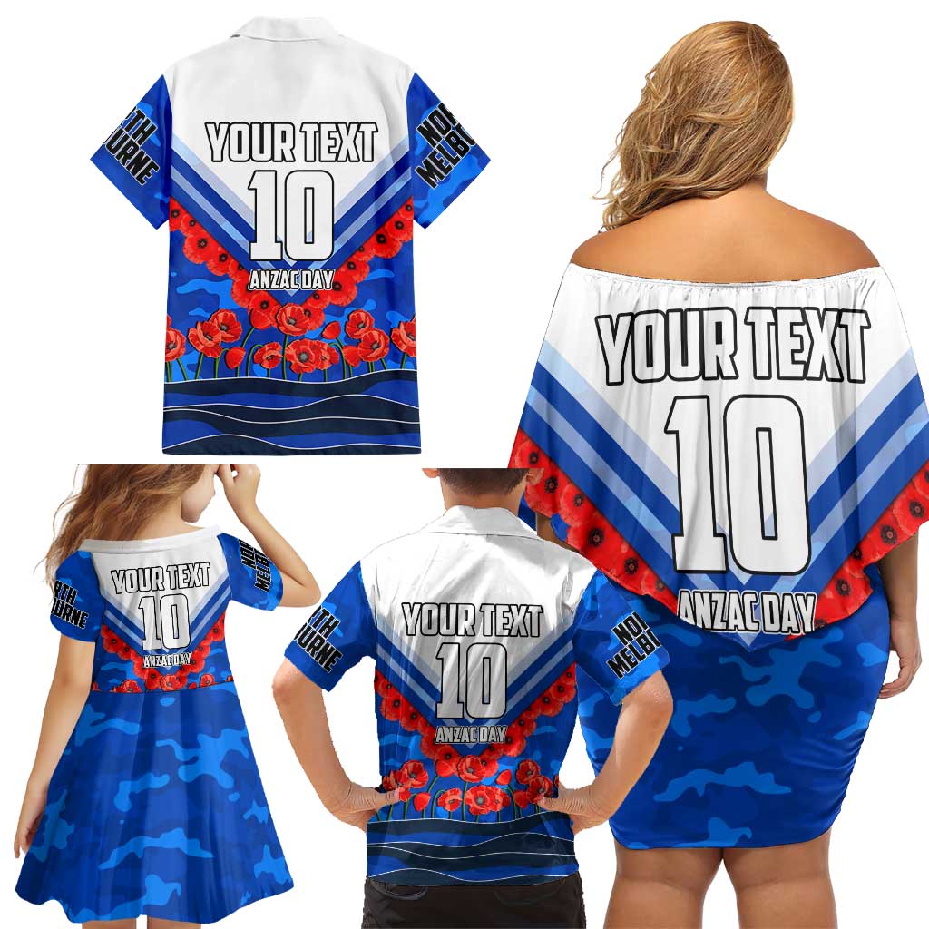 Personalised North Melbourne Kangaroos ANZAC Family Matching Off Shoulder Short Dress and Hawaiian Shirt Military Remembrance Australian Football Mascot Camouflage