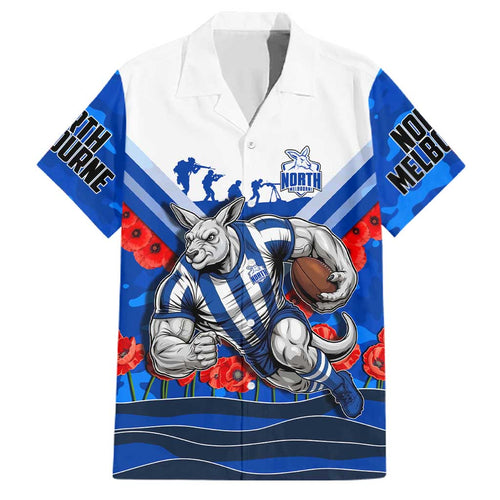Personalised North Melbourne Kangaroos ANZAC Family Matching Off Shoulder Short Dress and Hawaiian Shirt Military Remembrance Australian Football Mascot Camouflage