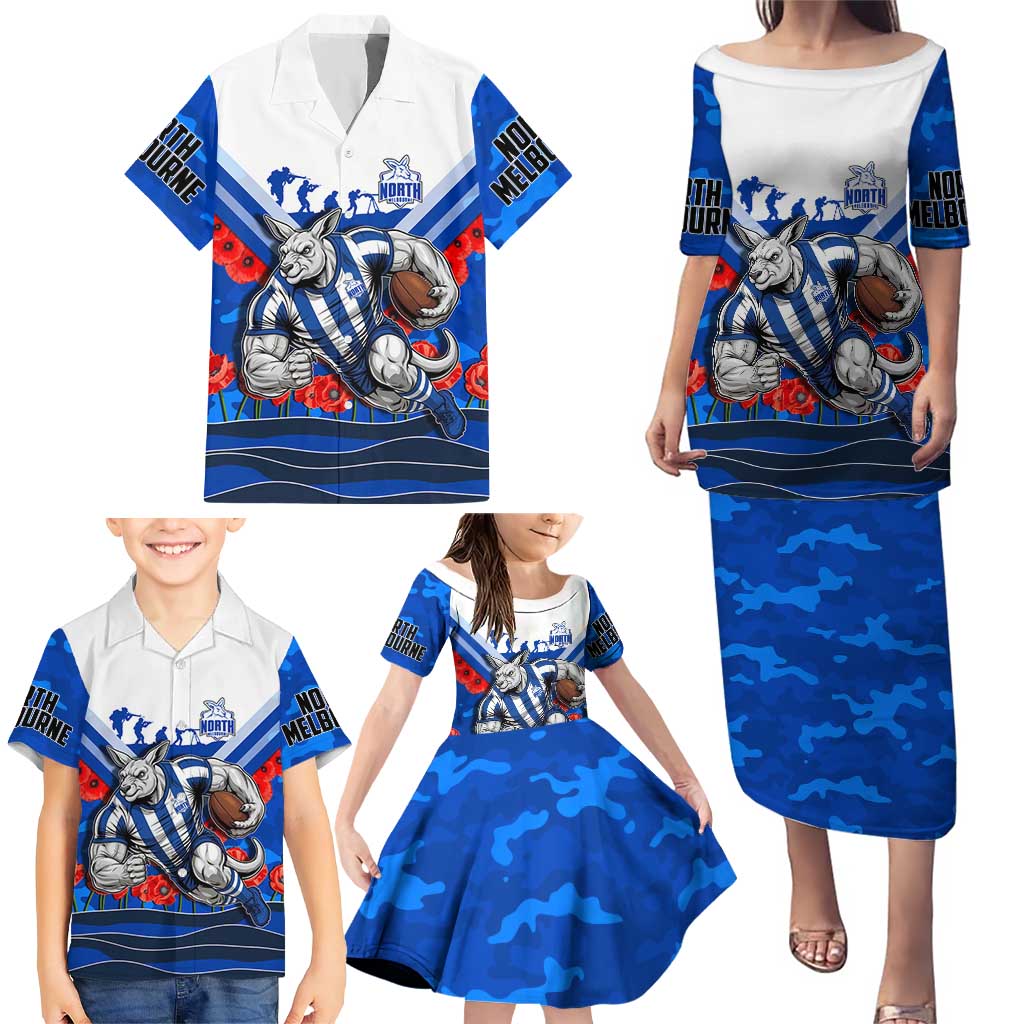 Personalised North Melbourne Kangaroos ANZAC Family Matching Puletasi and Hawaiian Shirt Military Remembrance Australian Football Mascot Camouflage