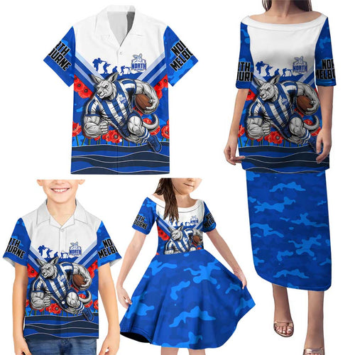 Personalised North Melbourne Kangaroos ANZAC Family Matching Puletasi and Hawaiian Shirt Military Remembrance Australian Football Mascot Camouflage