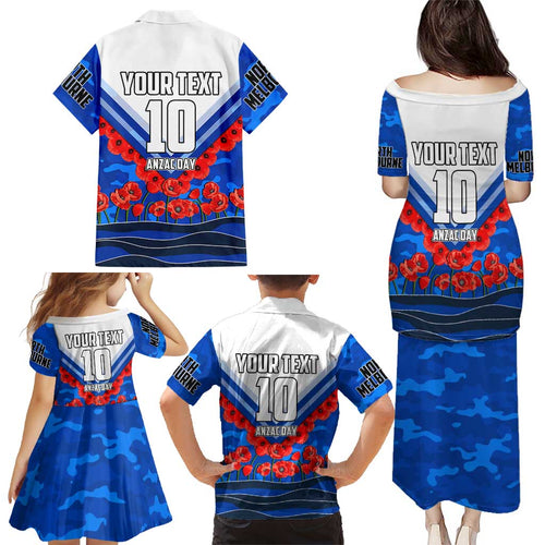 Personalised North Melbourne Kangaroos ANZAC Family Matching Puletasi and Hawaiian Shirt Military Remembrance Australian Football Mascot Camouflage