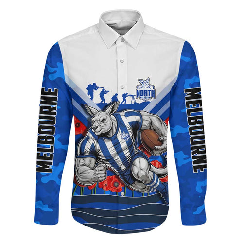 Personalised North Melbourne Kangaroos ANZAC Family Matching Puletasi and Hawaiian Shirt Military Remembrance Australian Football Mascot Camouflage