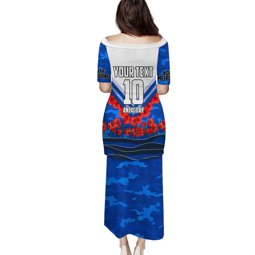 Personalised North Melbourne Kangaroos ANZAC Family Matching Puletasi and Hawaiian Shirt Military Remembrance Australian Football Mascot Camouflage