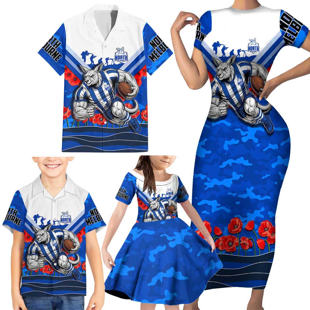 Personalised North Melbourne Kangaroos ANZAC Family Matching Short Sleeve Bodycon Dress and Hawaiian Shirt Military Remembrance Australian Football Mascot Camouflage