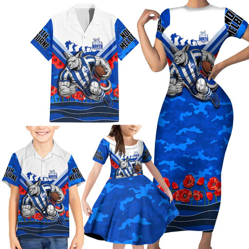 Personalised North Melbourne Kangaroos ANZAC Family Matching Short Sleeve Bodycon Dress and Hawaiian Shirt Military Remembrance Australian Football Mascot Camouflage