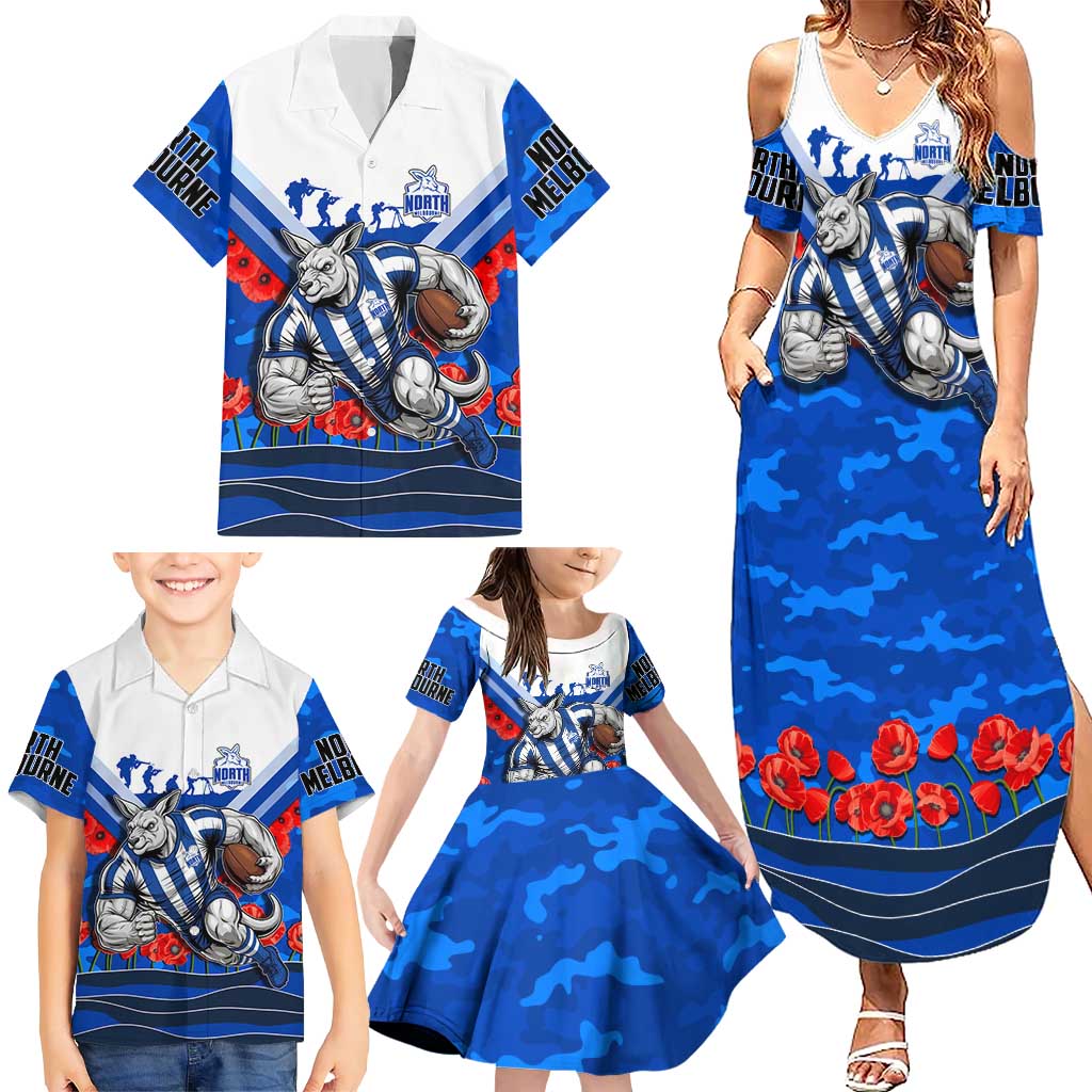 Personalised North Melbourne Kangaroos ANZAC Family Matching Summer Maxi Dress and Hawaiian Shirt Military Remembrance Australian Football Mascot Camouflage