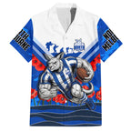 Personalised North Melbourne Kangaroos ANZAC Hawaiian Shirt Military Remembrance Australian Football Mascot Camouflage