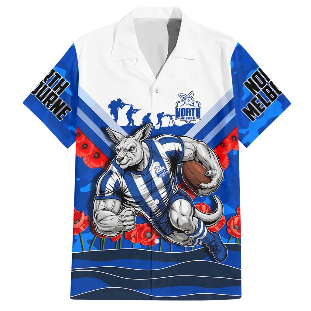Personalised North Melbourne Kangaroos ANZAC Hawaiian Shirt Military Remembrance Australian Football Mascot Camouflage
