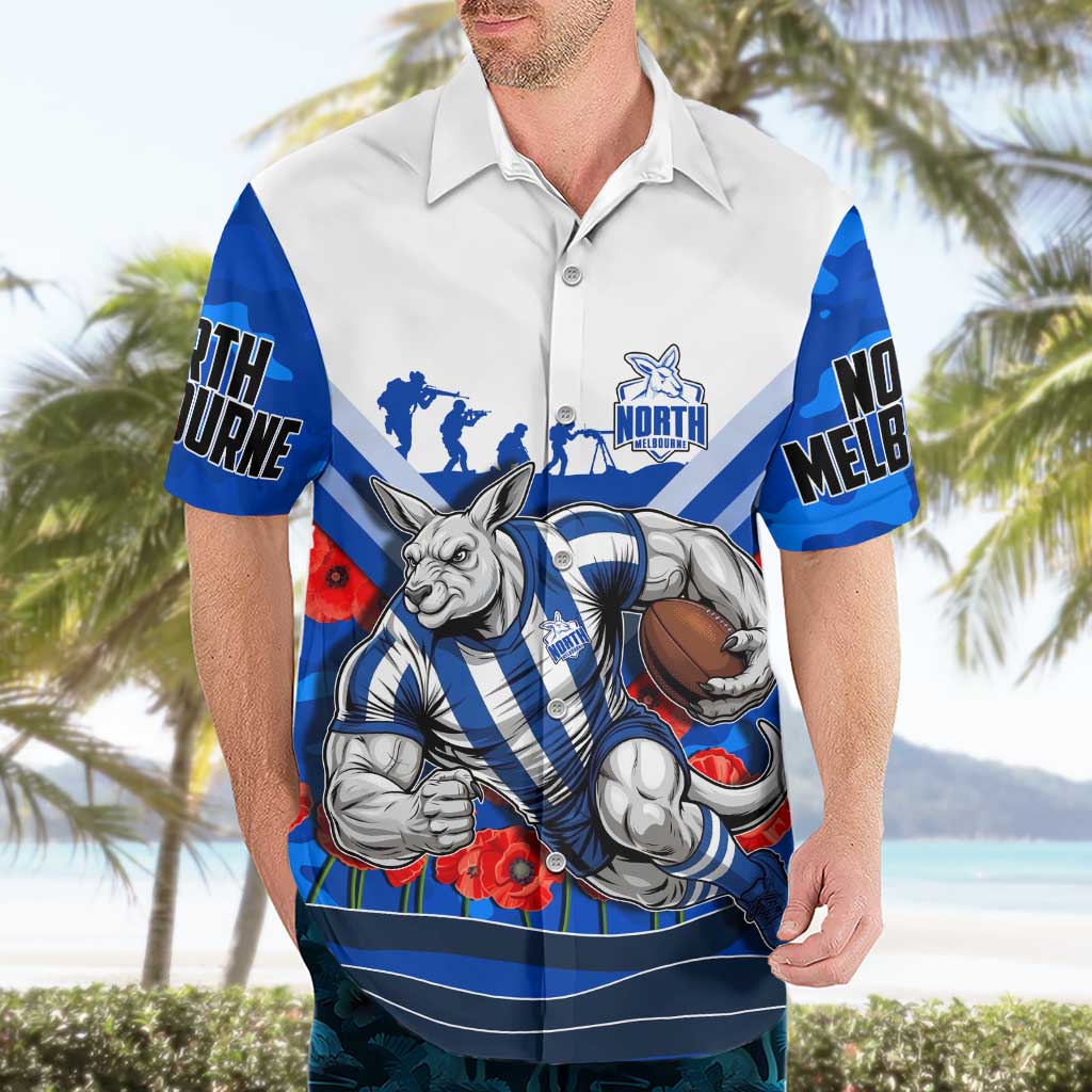 Personalised North Melbourne Kangaroos ANZAC Hawaiian Shirt Military Remembrance Australian Football Mascot Camouflage