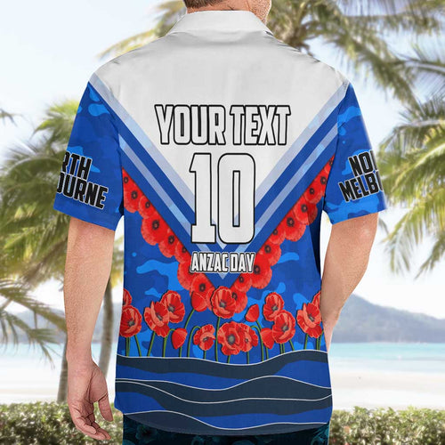 Personalised North Melbourne Kangaroos ANZAC Hawaiian Shirt Military Remembrance Australian Football Mascot Camouflage